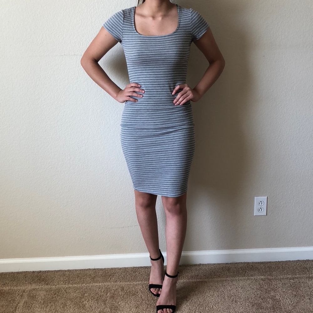 White and Grey Striped Bodycon Mini Dress